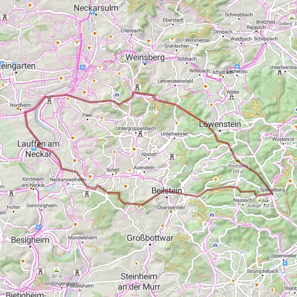 Karten-Miniaturansicht der Radinspiration "Gravel-Tour durch Beilstein und Lauffen am Neckar" in Stuttgart, Germany. Erstellt vom Tarmacs.app-Routenplaner für Radtouren
