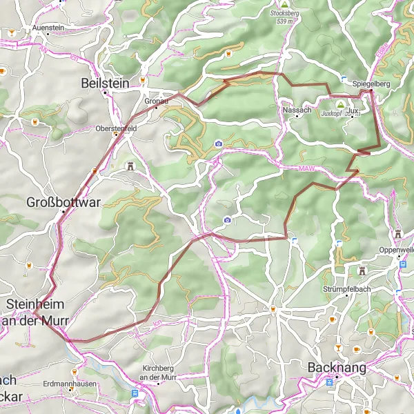 Karten-Miniaturansicht der Radinspiration "Gravel-Tour durch Allmersbach am Weinberg und Steinheim an der Murr" in Stuttgart, Germany. Erstellt vom Tarmacs.app-Routenplaner für Radtouren