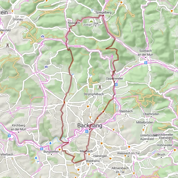 Map miniature of "Gravel Adventure around Spiegelberg" cycling inspiration in Stuttgart, Germany. Generated by Tarmacs.app cycling route planner