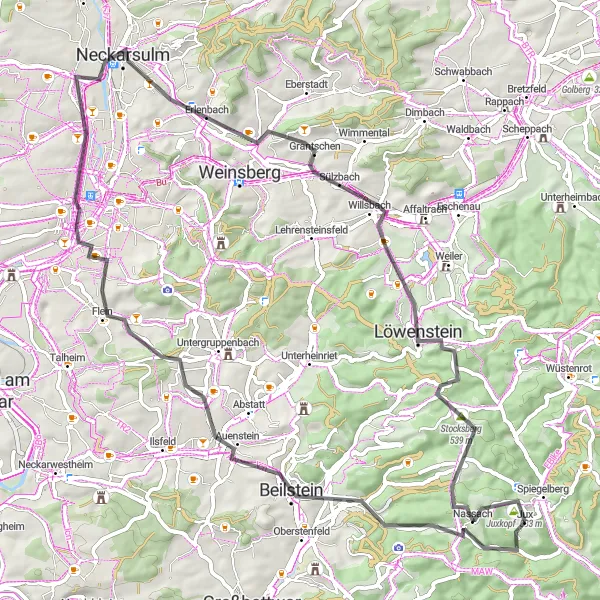 Map miniature of "Road Route: Rolling Hills and Picturesque Landscapes" cycling inspiration in Stuttgart, Germany. Generated by Tarmacs.app cycling route planner