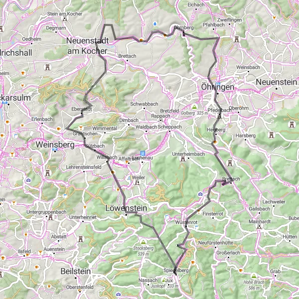 Karten-Miniaturansicht der Radinspiration "Rundtour durch Spiegelberg - Öhringen" in Stuttgart, Germany. Erstellt vom Tarmacs.app-Routenplaner für Radtouren