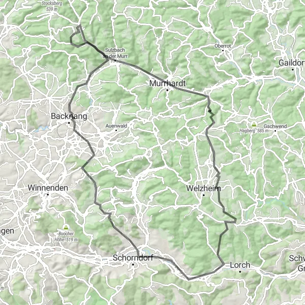 Map miniature of "The Hills of Spiegelberg" cycling inspiration in Stuttgart, Germany. Generated by Tarmacs.app cycling route planner