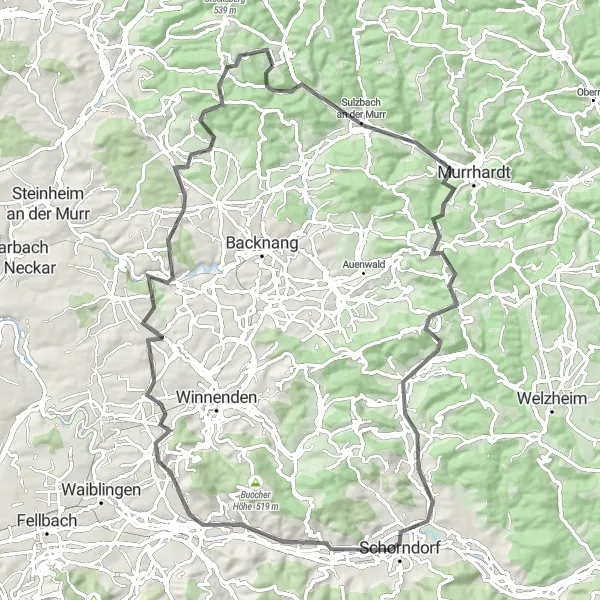 Map miniature of "The Murr Valley Adventure" cycling inspiration in Stuttgart, Germany. Generated by Tarmacs.app cycling route planner