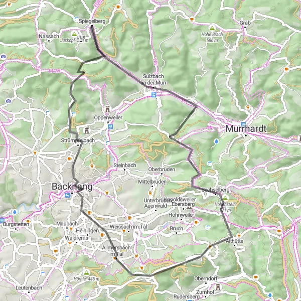 Map miniature of "Road Route: Hidden Gems and Serene Landscapes" cycling inspiration in Stuttgart, Germany. Generated by Tarmacs.app cycling route planner