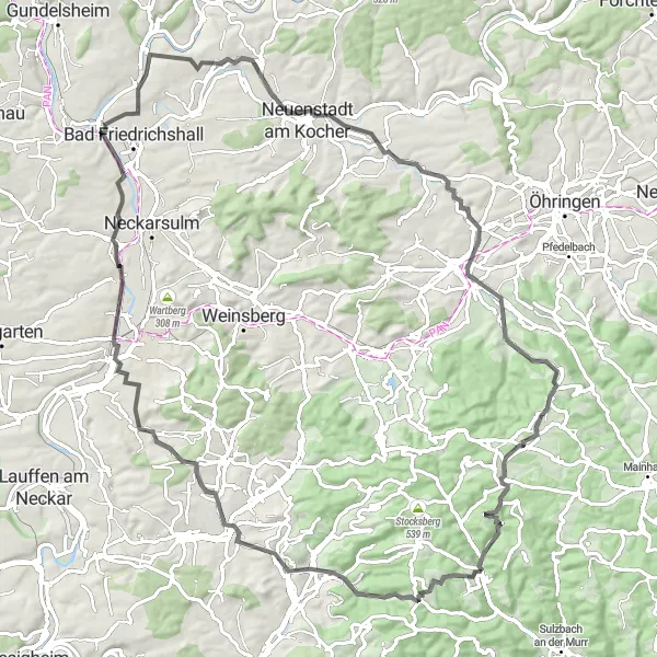Map miniature of "Challenging Climbs and Scenic Landscapes" cycling inspiration in Stuttgart, Germany. Generated by Tarmacs.app cycling route planner