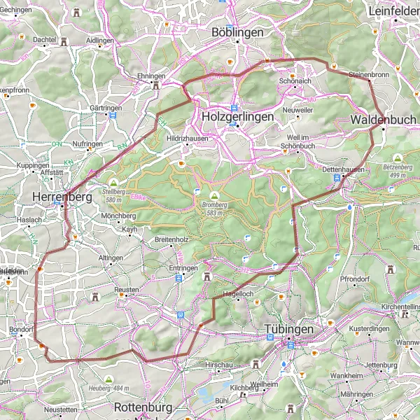 Map miniature of "Scenic gravel tour through Waldenbuch and Herrenberg" cycling inspiration in Stuttgart, Germany. Generated by Tarmacs.app cycling route planner