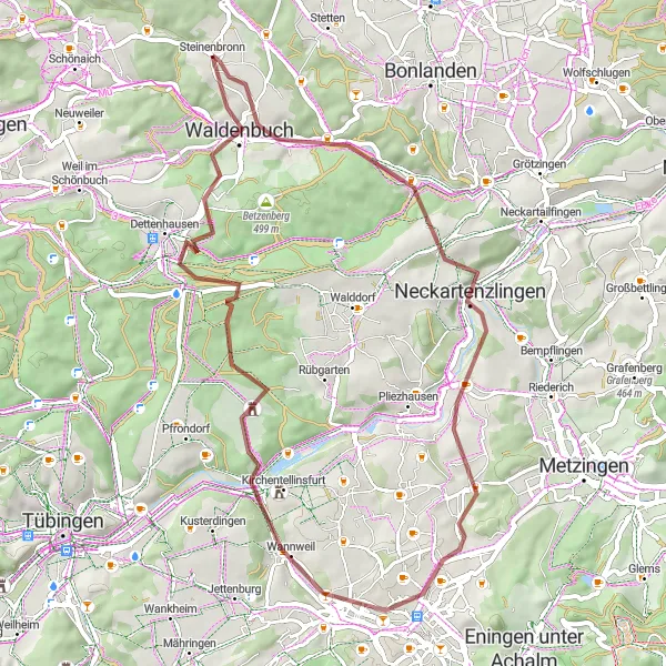 Map miniature of "Gravel tour through Altenriet and Waldenbuch" cycling inspiration in Stuttgart, Germany. Generated by Tarmacs.app cycling route planner