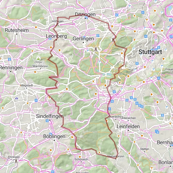 Map miniature of "Discover the natural beauty of Leonberg and Ditzingen on this gravel tour" cycling inspiration in Stuttgart, Germany. Generated by Tarmacs.app cycling route planner
