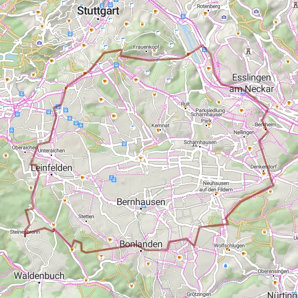 Map miniature of "Gravel tour through the Swabian countryside" cycling inspiration in Stuttgart, Germany. Generated by Tarmacs.app cycling route planner