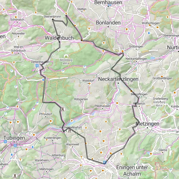 Karten-Miniaturansicht der Radinspiration "Kultur- und Naturtour um Steinenbronn und Reutlingen" in Stuttgart, Germany. Erstellt vom Tarmacs.app-Routenplaner für Radtouren