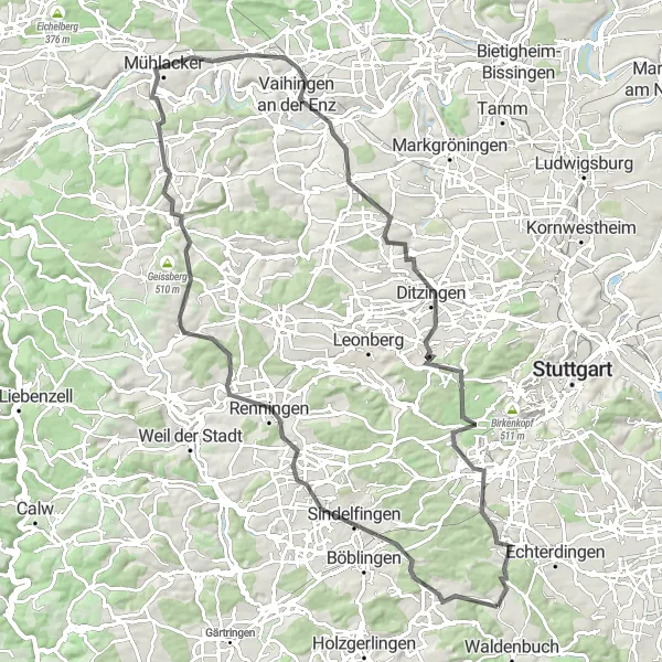 Map miniature of "Road cycling tour through the Swabian countryside" cycling inspiration in Stuttgart, Germany. Generated by Tarmacs.app cycling route planner