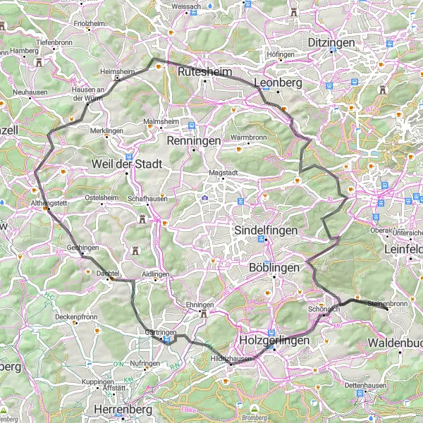 Map miniature of "Holzgerlingen to Steinenbronn Road Cycling Route" cycling inspiration in Stuttgart, Germany. Generated by Tarmacs.app cycling route planner