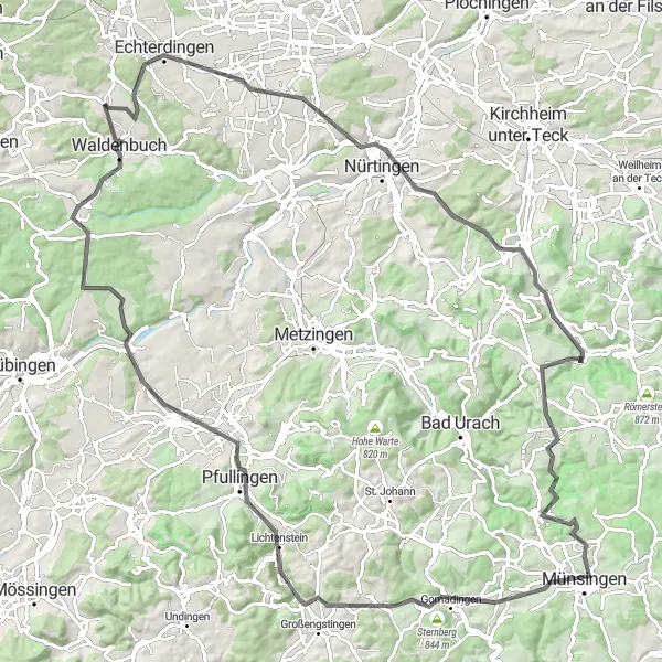 Map miniature of "Wolfschlugen to Steinenbronn Road Cycling Route" cycling inspiration in Stuttgart, Germany. Generated by Tarmacs.app cycling route planner