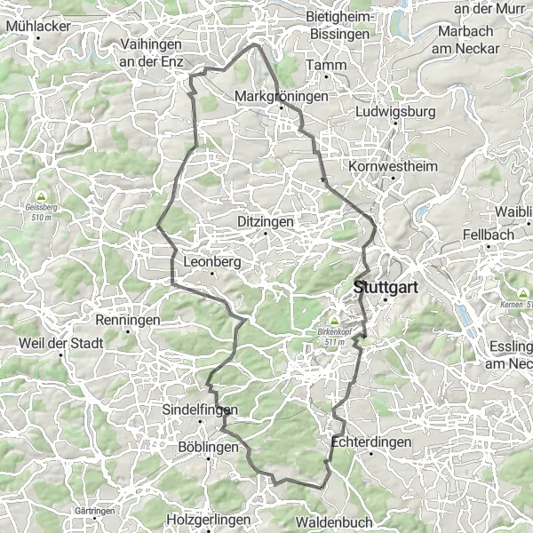 Karten-Miniaturansicht der Radinspiration "Rundtour durch Gebersheim und Zuffenhausen" in Stuttgart, Germany. Erstellt vom Tarmacs.app-Routenplaner für Radtouren