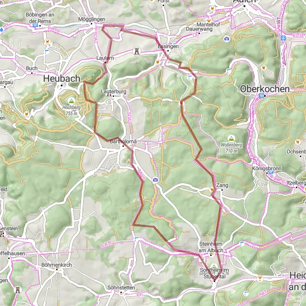 Map miniature of "The Albuch Gravel Adventure" cycling inspiration in Stuttgart, Germany. Generated by Tarmacs.app cycling route planner