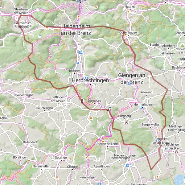 Karten-Miniaturansicht der Radinspiration "Graveltour durch Steinheimer Meteorkrater" in Stuttgart, Germany. Erstellt vom Tarmacs.app-Routenplaner für Radtouren