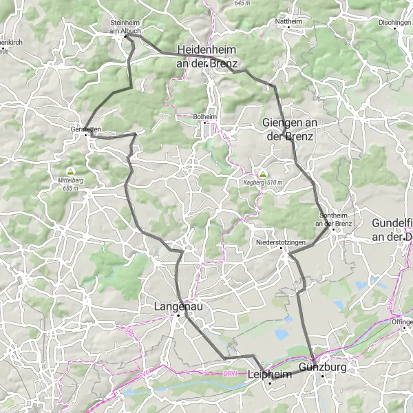 Karten-Miniaturansicht der Radinspiration "Rundtour über Heidenheim und Günzburg" in Stuttgart, Germany. Erstellt vom Tarmacs.app-Routenplaner für Radtouren