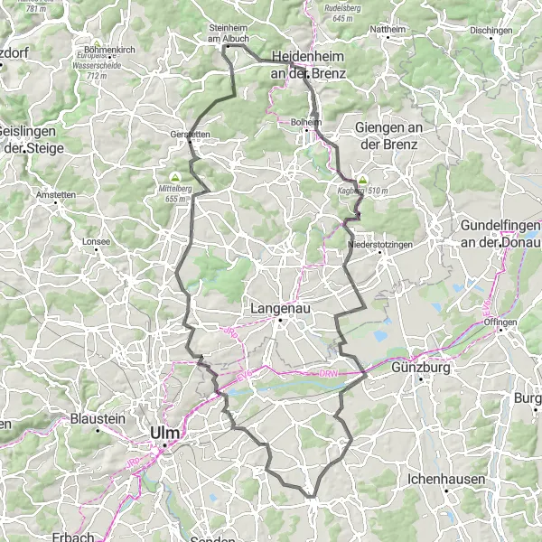Map miniature of "Scenic Route through Albuch Mountains" cycling inspiration in Stuttgart, Germany. Generated by Tarmacs.app cycling route planner