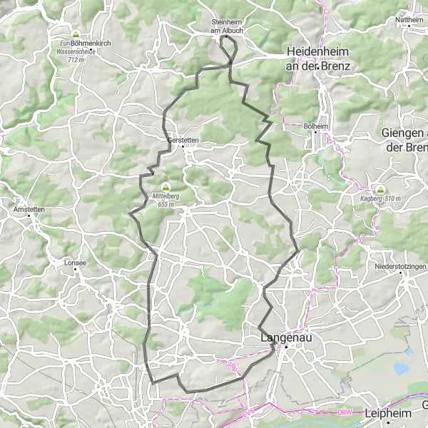 Karten-Miniaturansicht der Radinspiration "Radtour durch die Natur um Steinheim" in Stuttgart, Germany. Erstellt vom Tarmacs.app-Routenplaner für Radtouren
