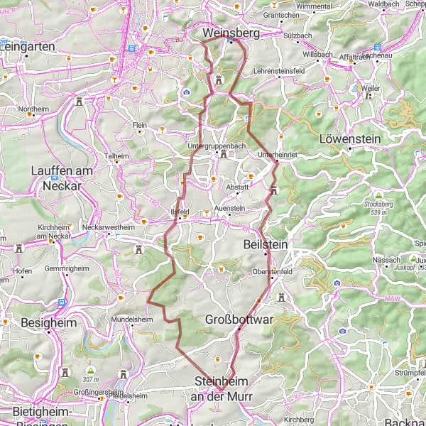 Map miniature of "Gravel Loop through Nature" cycling inspiration in Stuttgart, Germany. Generated by Tarmacs.app cycling route planner