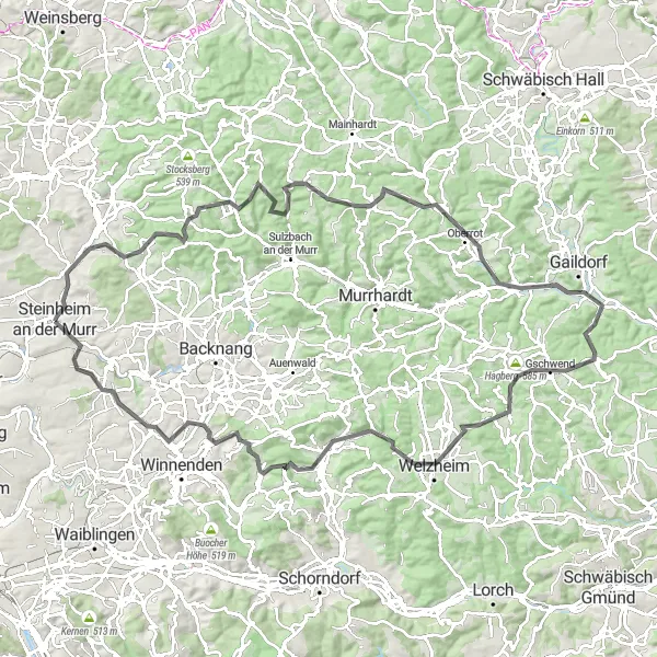 Karten-Miniaturansicht der Radinspiration "Hügeliges Abenteuer durch Oberrot" in Stuttgart, Germany. Erstellt vom Tarmacs.app-Routenplaner für Radtouren
