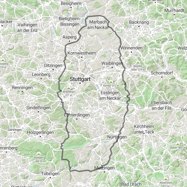 Karten-Miniaturansicht der Radinspiration "Über die Hügel des Neckartals" in Stuttgart, Germany. Erstellt vom Tarmacs.app-Routenplaner für Radtouren