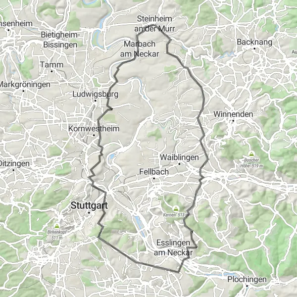 Map miniature of "Exploring the Enchanting Neckar Valley" cycling inspiration in Stuttgart, Germany. Generated by Tarmacs.app cycling route planner