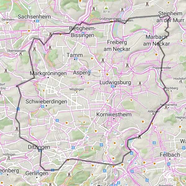 Map miniature of "Marbach Highlights Loop" cycling inspiration in Stuttgart, Germany. Generated by Tarmacs.app cycling route planner