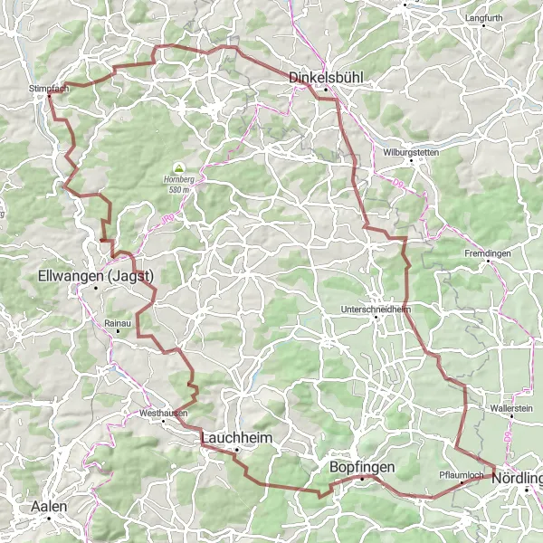 Map miniature of "Stimpfach Grand Gravel Tour via Schönenberg and Westhausen" cycling inspiration in Stuttgart, Germany. Generated by Tarmacs.app cycling route planner