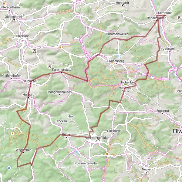 Map miniature of "Stimpfach Rural Gravel Loop via Adelmannsfelden" cycling inspiration in Stuttgart, Germany. Generated by Tarmacs.app cycling route planner