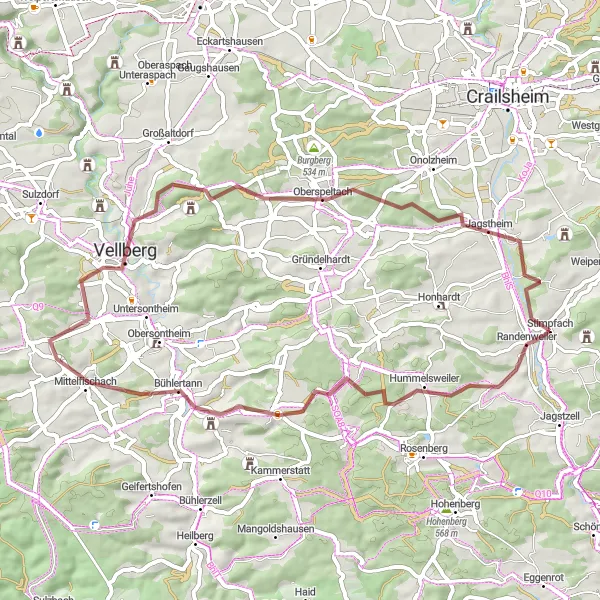 Map miniature of "Jagstheim Gravel Exploration from Stimpfach" cycling inspiration in Stuttgart, Germany. Generated by Tarmacs.app cycling route planner