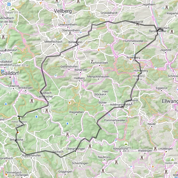 Map miniature of "Hohenberg Loop" cycling inspiration in Stuttgart, Germany. Generated by Tarmacs.app cycling route planner