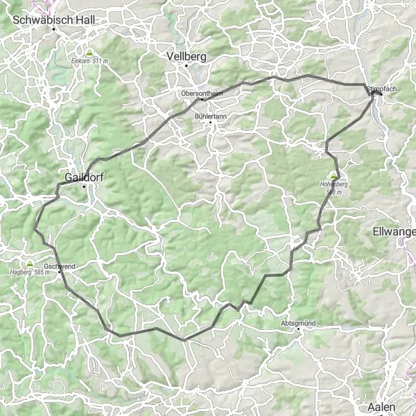 Map miniature of "Adelmannsfelden Adventure" cycling inspiration in Stuttgart, Germany. Generated by Tarmacs.app cycling route planner