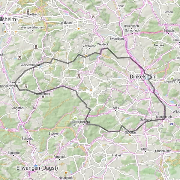 Map miniature of "Stuttgart Adventure Loop via Dinkelsbühl and Schloss Rechenberg" cycling inspiration in Stuttgart, Germany. Generated by Tarmacs.app cycling route planner