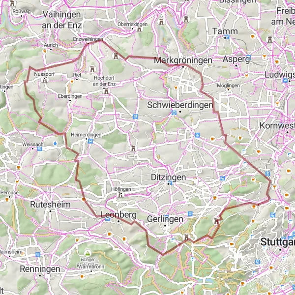 Map miniature of "Gravel Tour through the Countryside" cycling inspiration in Stuttgart, Germany. Generated by Tarmacs.app cycling route planner