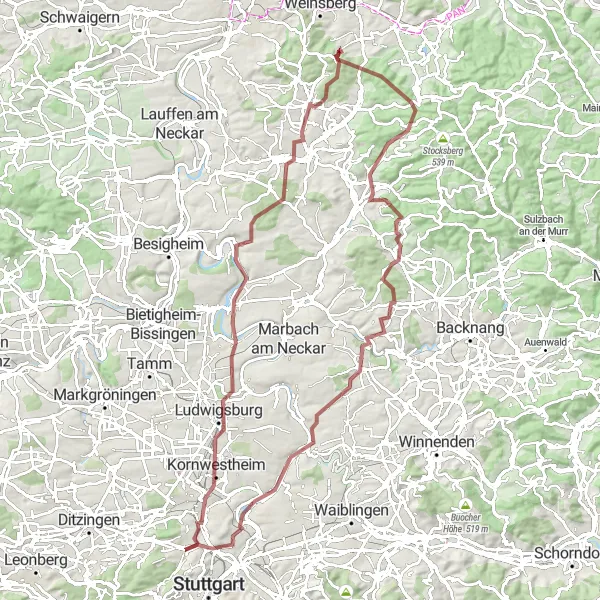 Map miniature of "Gravel Adventure through Killesberg and Ludwigsburg" cycling inspiration in Stuttgart, Germany. Generated by Tarmacs.app cycling route planner