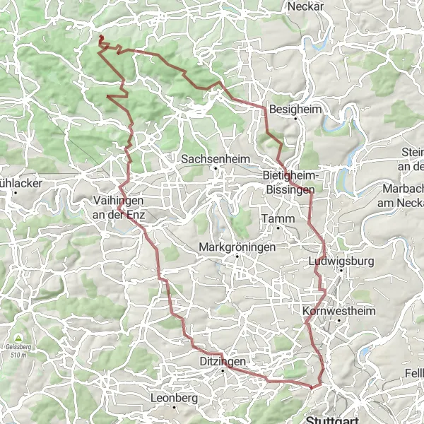 Map miniature of "Challenging Gravel Ride to Kirbachhof and Schlierkopf" cycling inspiration in Stuttgart, Germany. Generated by Tarmacs.app cycling route planner