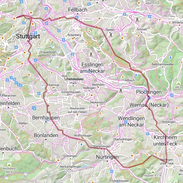 Karten-Miniaturansicht der Radinspiration "Rundfahrt über Plochingen und Nürtingen" in Stuttgart, Germany. Erstellt vom Tarmacs.app-Routenplaner für Radtouren