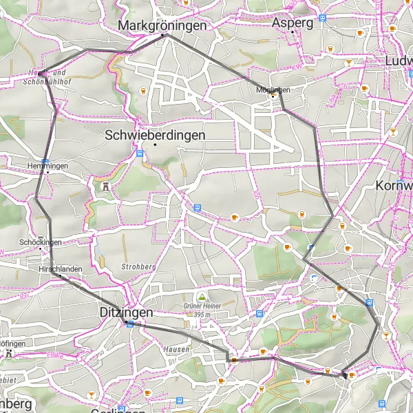 Map miniature of "Scenic Road Ride through Ditzingen and Hemmingen" cycling inspiration in Stuttgart, Germany. Generated by Tarmacs.app cycling route planner