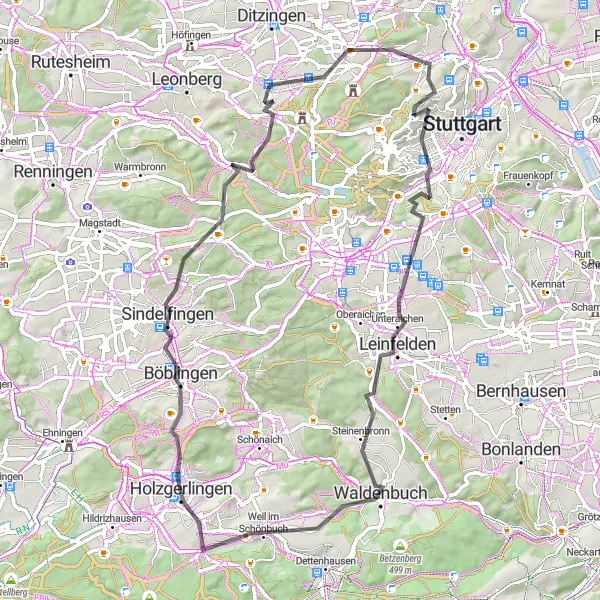 Map miniature of "Panoramic Road Cycling Tour through Waldenbuch and Böblingen" cycling inspiration in Stuttgart, Germany. Generated by Tarmacs.app cycling route planner