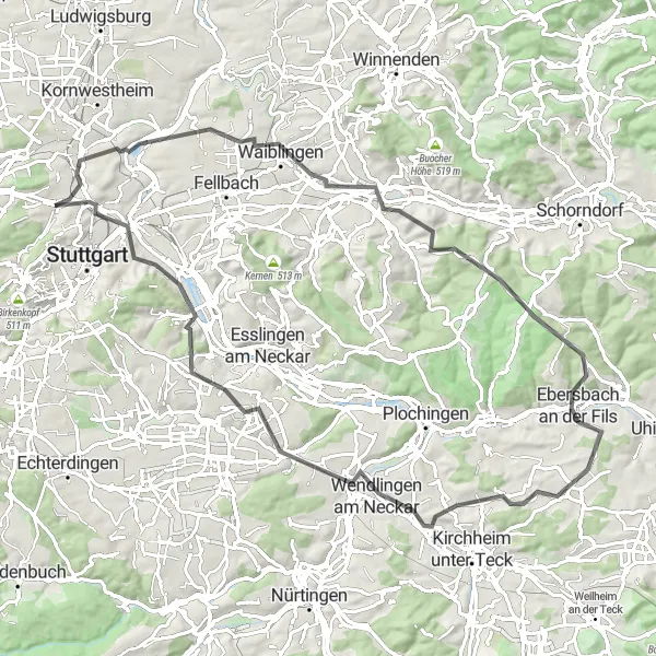 Karten-Miniaturansicht der Radinspiration "Rundfahrt über Waiblingen und Köngen" in Stuttgart, Germany. Erstellt vom Tarmacs.app-Routenplaner für Radtouren