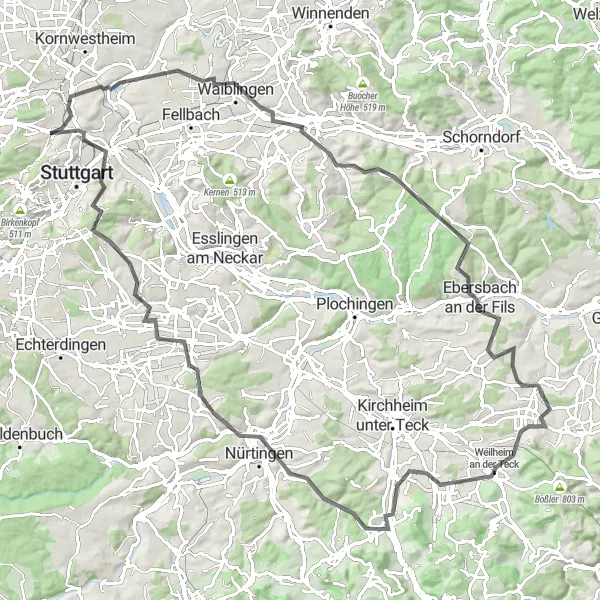 Map miniature of "Adventurous Road Cycling Challenge through Ebersbach and Neuhausen" cycling inspiration in Stuttgart, Germany. Generated by Tarmacs.app cycling route planner