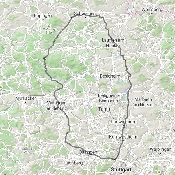 Karten-Miniaturansicht der Radinspiration "Rundfahrt über Ditzingen und Ludwigsburg" in Stuttgart, Germany. Erstellt vom Tarmacs.app-Routenplaner für Radtouren