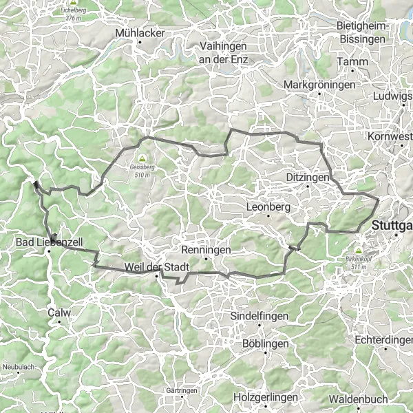 Karten-Miniaturansicht der Radinspiration "Schlosser und Berge" in Stuttgart, Germany. Erstellt vom Tarmacs.app-Routenplaner für Radtouren