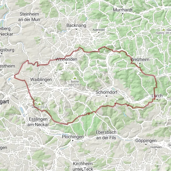 Map miniature of "Mountain Views and Enchanting Castles" cycling inspiration in Stuttgart, Germany. Generated by Tarmacs.app cycling route planner
