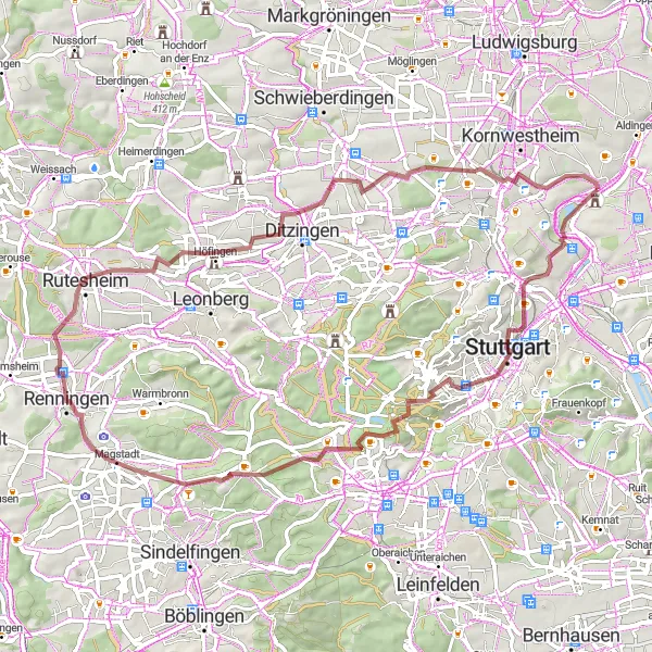Map miniature of "The Bastion and the Heights" cycling inspiration in Stuttgart, Germany. Generated by Tarmacs.app cycling route planner