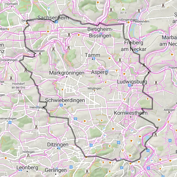 Karten-Miniaturansicht der Radinspiration "Straßenrundkurs um Stuttgart: Aussichtsplatte Lug und Mühlhausen" in Stuttgart, Germany. Erstellt vom Tarmacs.app-Routenplaner für Radtouren