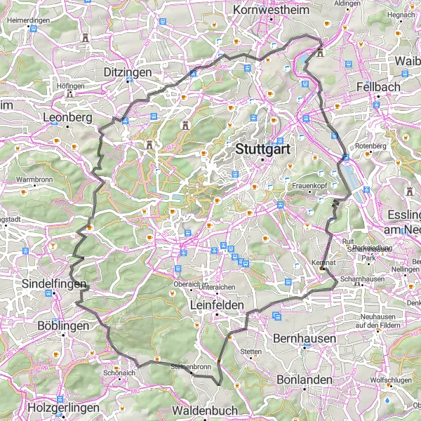 Karten-Miniaturansicht der Radinspiration "Rund um Stuttgart und Wangen" in Stuttgart, Germany. Erstellt vom Tarmacs.app-Routenplaner für Radtouren