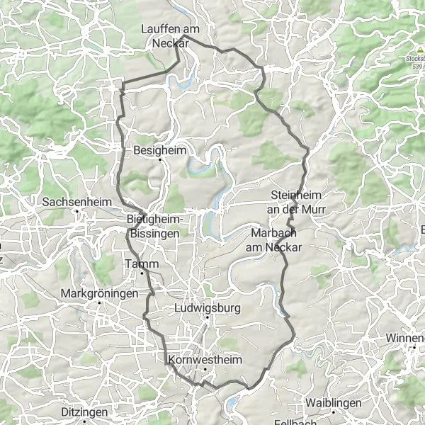 Karten-Miniaturansicht der Radinspiration "Straßenrundkurs um Stuttgart: Asperg und Landungsbrücke Fellbach" in Stuttgart, Germany. Erstellt vom Tarmacs.app-Routenplaner für Radtouren