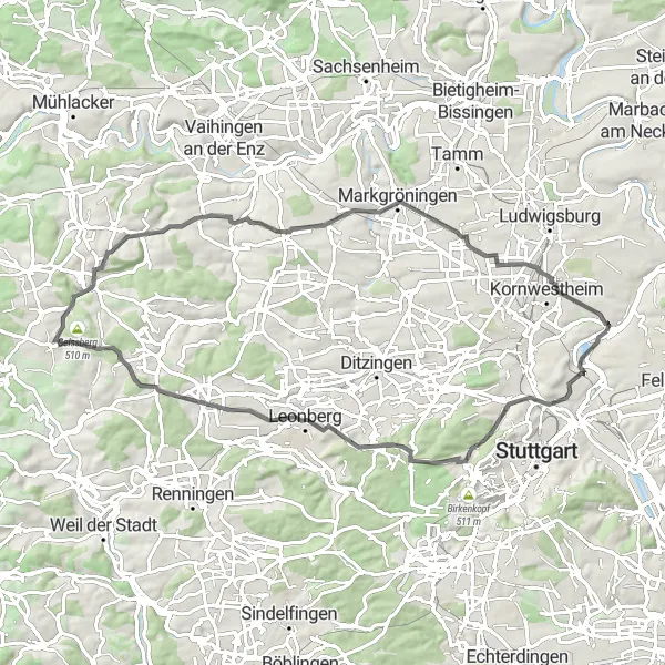 Karten-Miniaturansicht der Radinspiration "Straßenrundkurs um Stuttgart: Sommerhalde und Burg Mühlhausen" in Stuttgart, Germany. Erstellt vom Tarmacs.app-Routenplaner für Radtouren